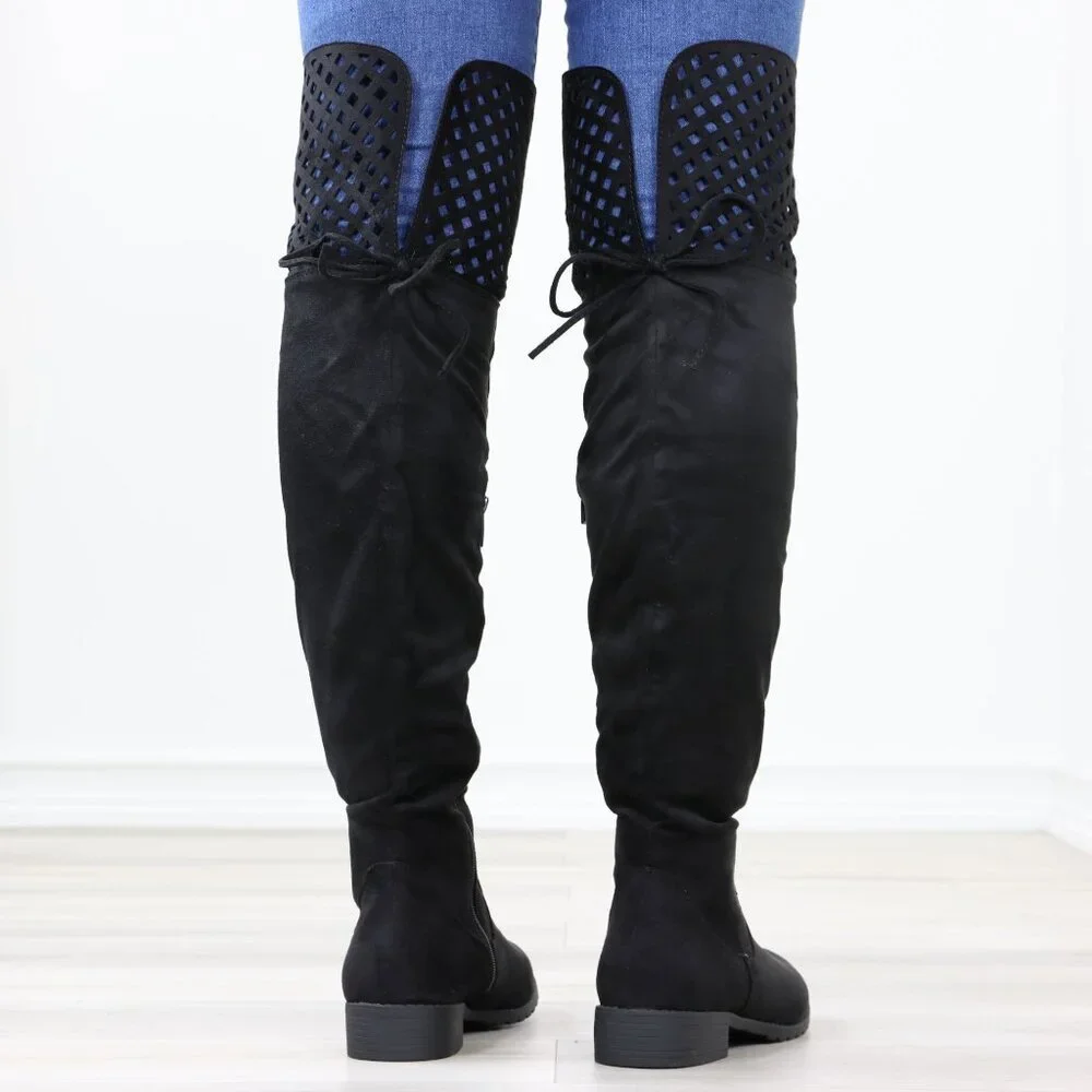 Black Over-the-Knee Boots Faux Suede Lace-Up Back Perforated Detail Flat Heel